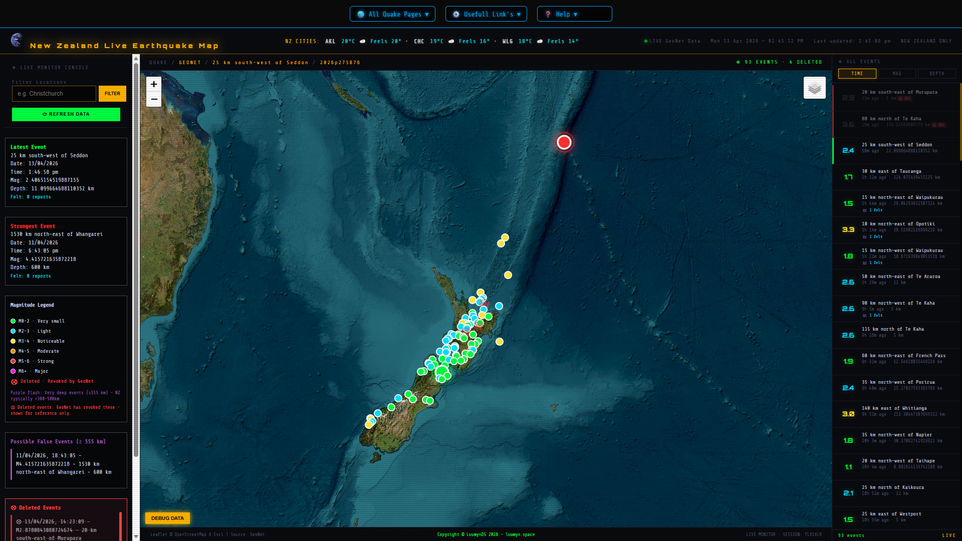 New Zealand Live Earthquake Map - Real‑Time GeoNet Monitoring